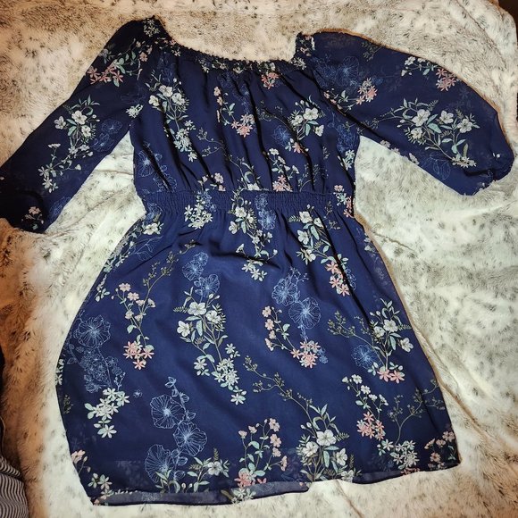 Maurices Navy Blue Floral (off shoulder-choice) Chiffon 3/4 sleeve dress XXL EUC - Picture 9 of 10